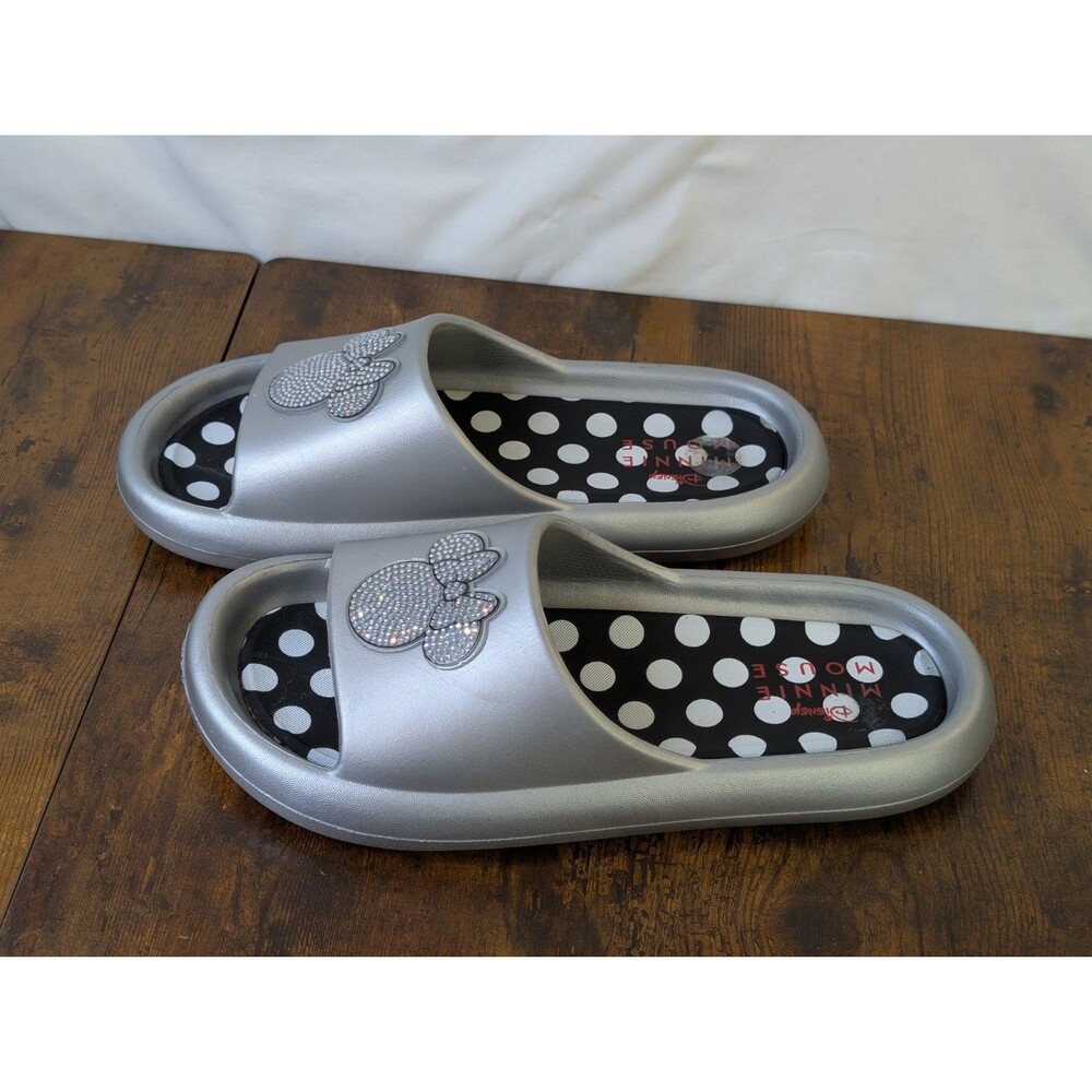 Disney Ground Up Minnie Mouse Rhinestone Cloud Comfort Slides Silver Women's 10
